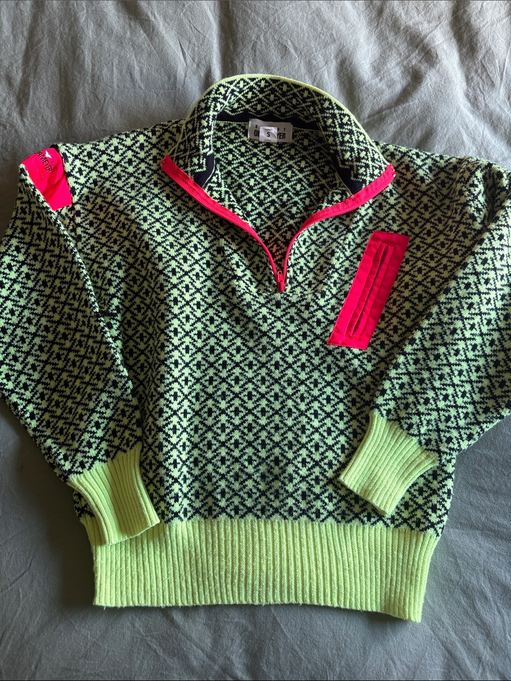 Obermeyer vintage ski Neon Lime and Hot Pink Half-Zip Turtleneck Sweater